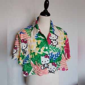 Hello Kitty Women's Cropped Button Front Shirt Tropical Theme Size Large